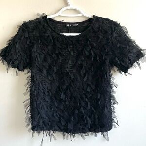 NWT BLACK SHORT SLEEVE SHREDDED TOP STRETCH SMOCKED SHEER ZARA DISTRESSED